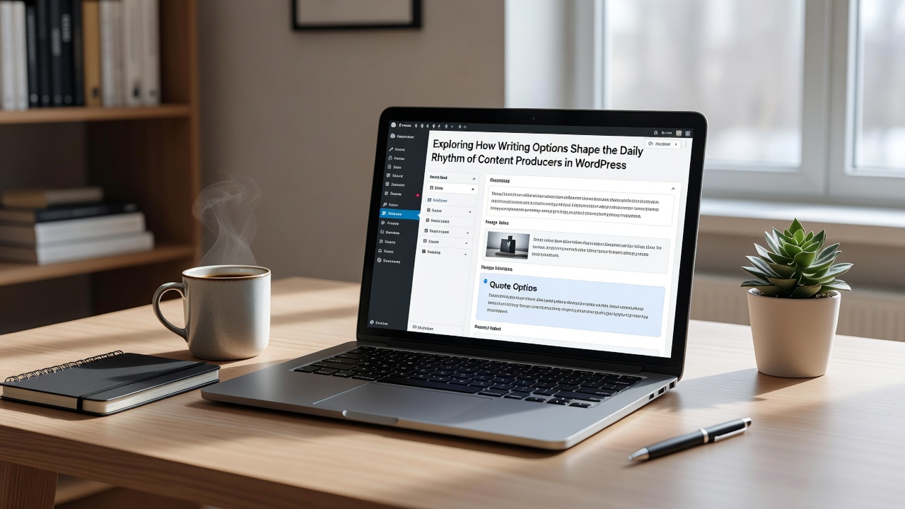 Content producer reviewing scheduled posts and pingback settings on a WordPress dashboard in late afternoon