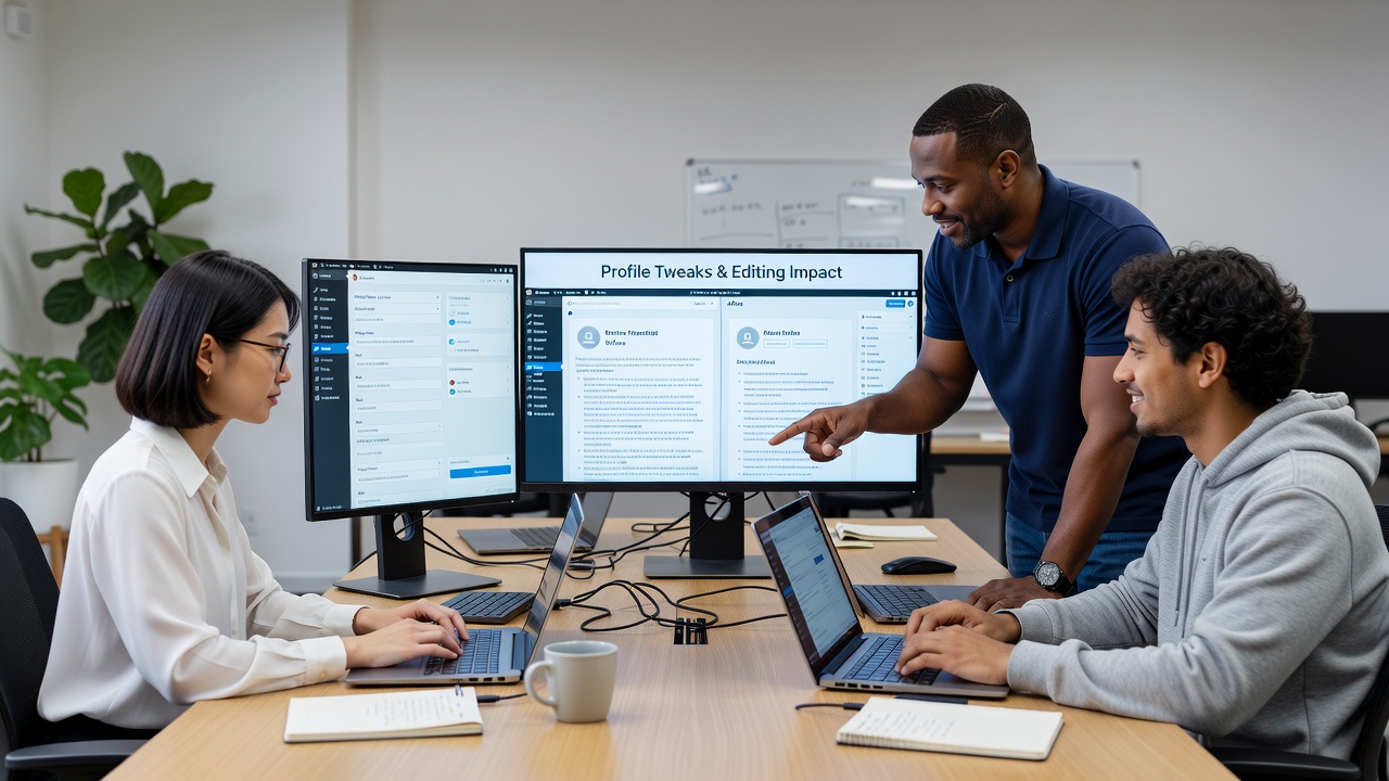 Multiple users collaborating on WordPress post editing with customized profile views visible