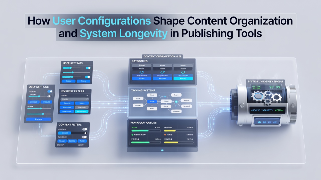 Illustration of user configuration panels in a publishing tool dashboard showing content organization options