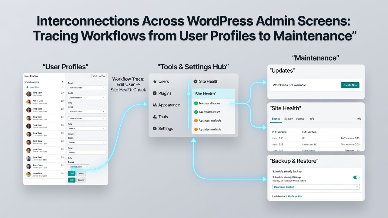 Screenshot of WordPress admin workflow illustrating profile edits leading to update procedures