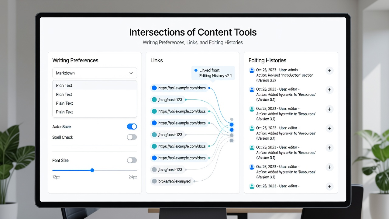 Detailed view of revision history intersecting with link and preference controls in an admin dashboard