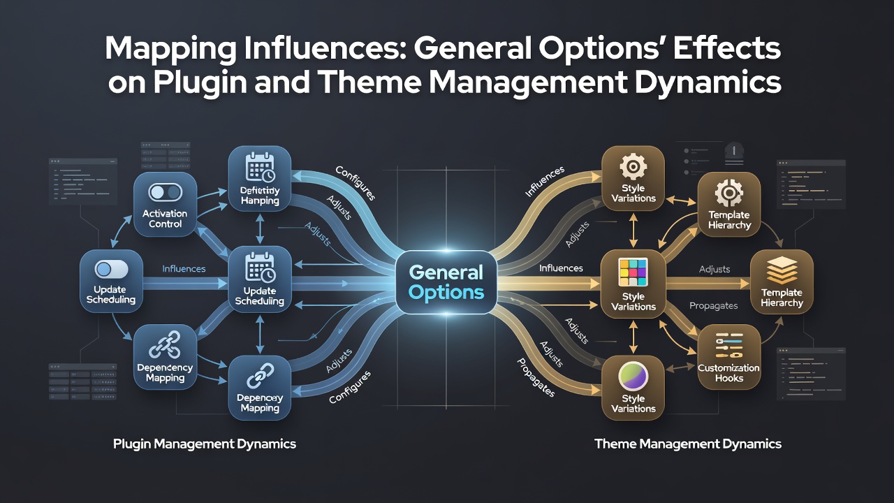 Diagram illustrating connections between WordPress general settings and plugin theme interactions