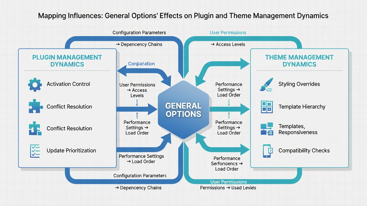 Flowchart showing how general WordPress options impact plugin activation and theme rendering processes