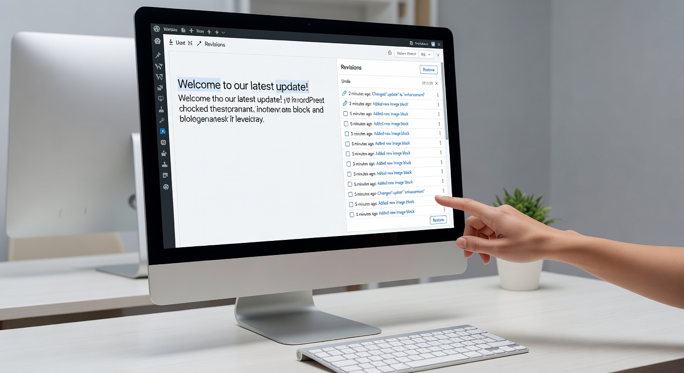 Screenshot showing the WordPress post editor with revisions dropdown menu open, displaying multiple historical versions of a blog post