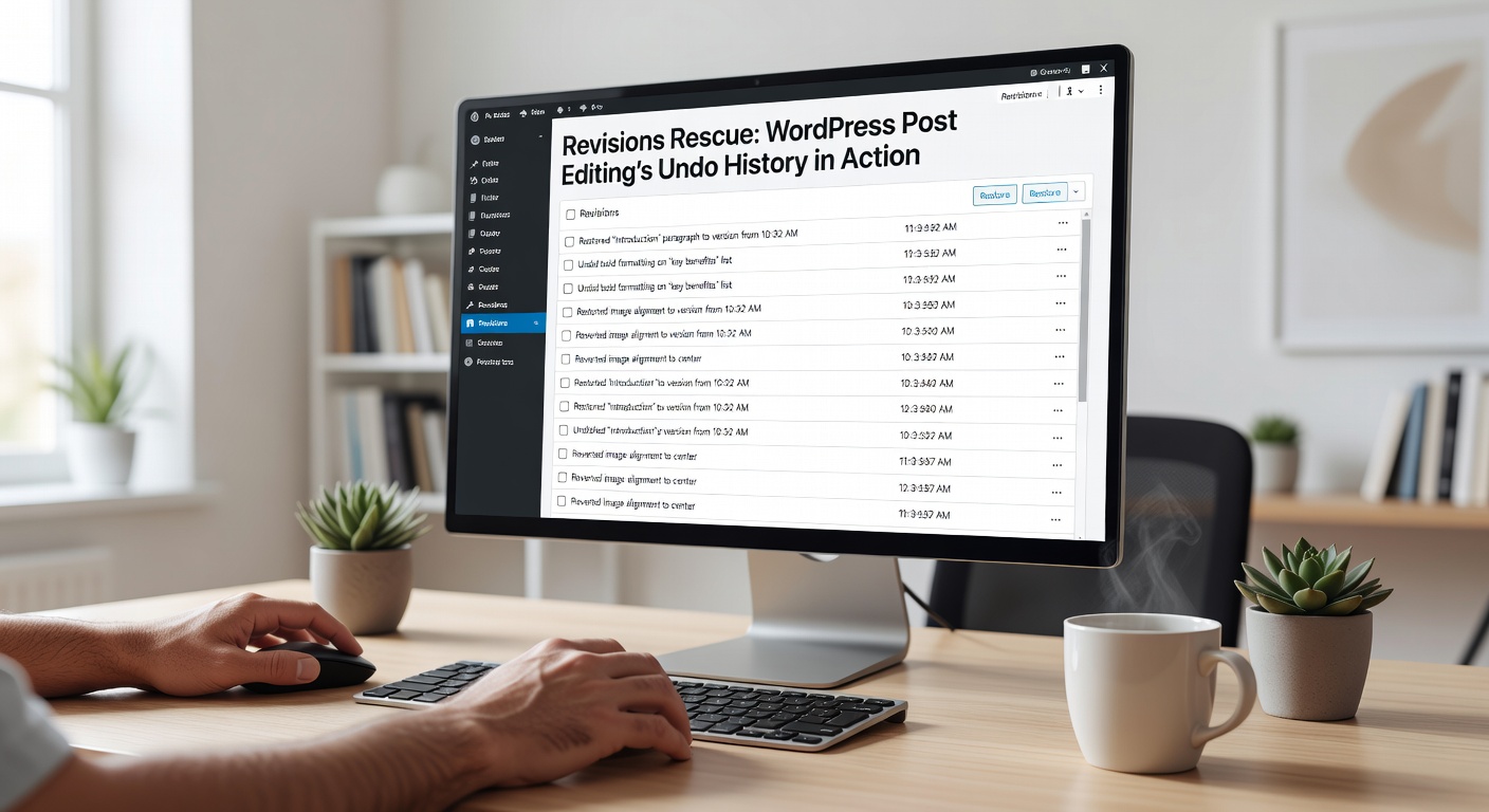 Close-up of WordPress revisions comparison screen, side-by-side view highlighting added and removed text in a post edit history