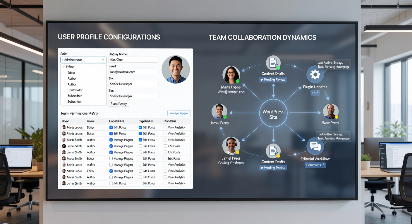 Team members reviewing WordPress user profiles and collaboration settings on shared screens