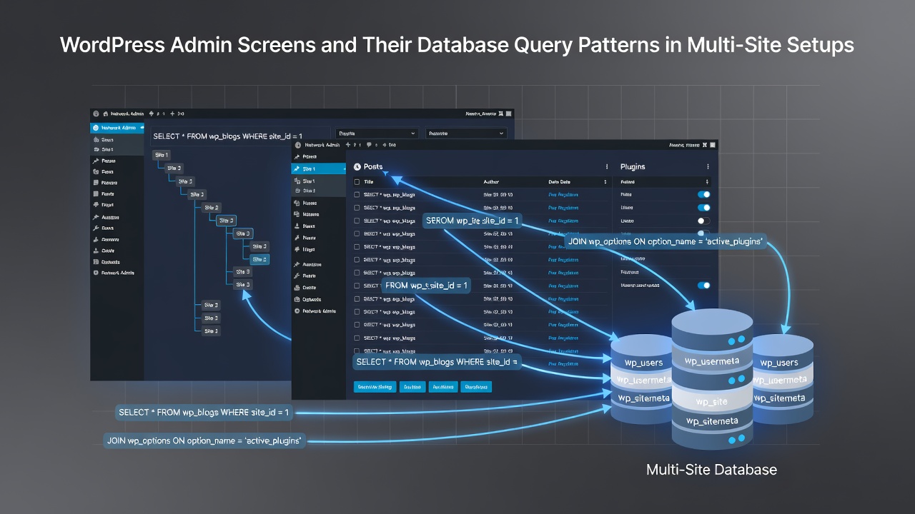 WordPress multisite network admin dashboard showing database query patterns across multiple sites