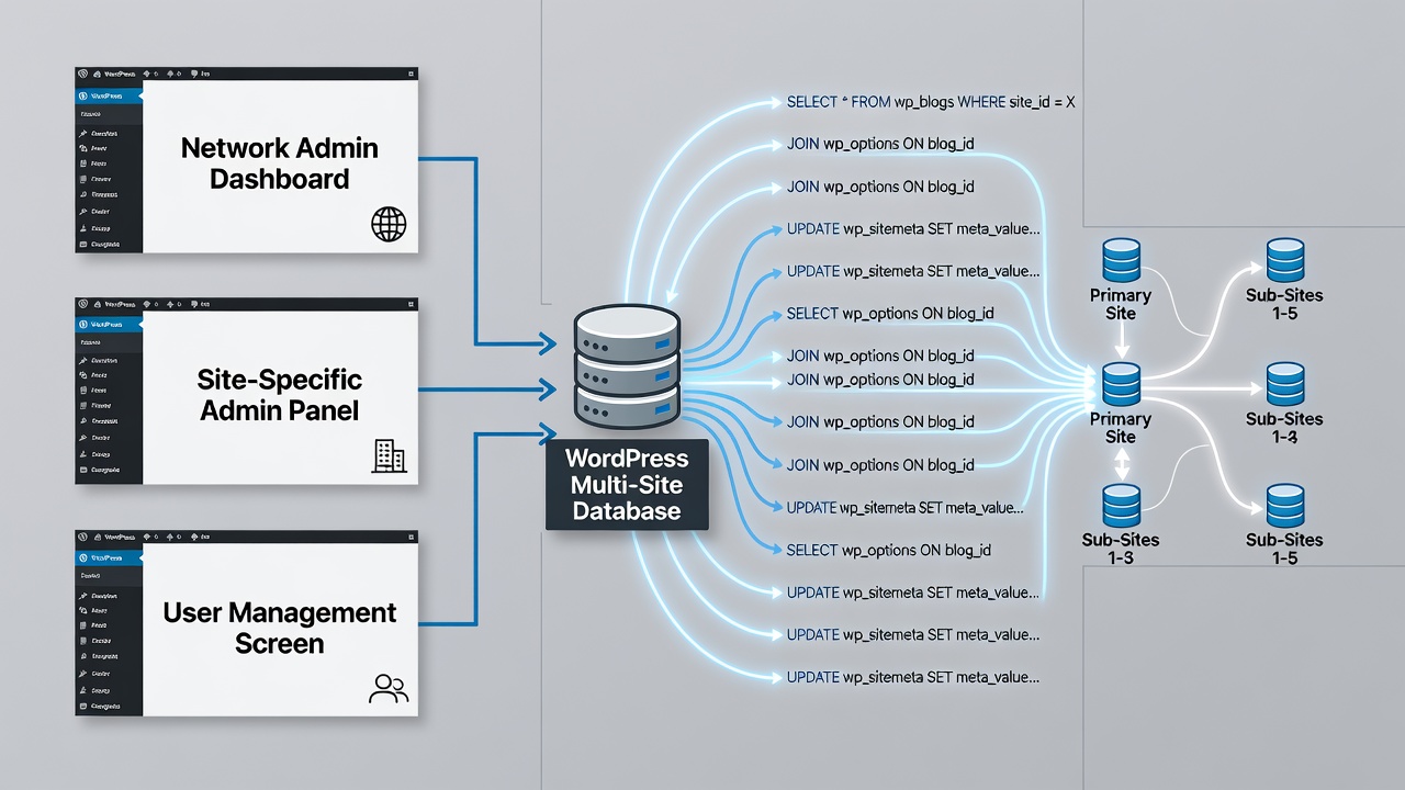 Diagram illustrating how WordPress multisite routes admin queries to different database tables based on site context