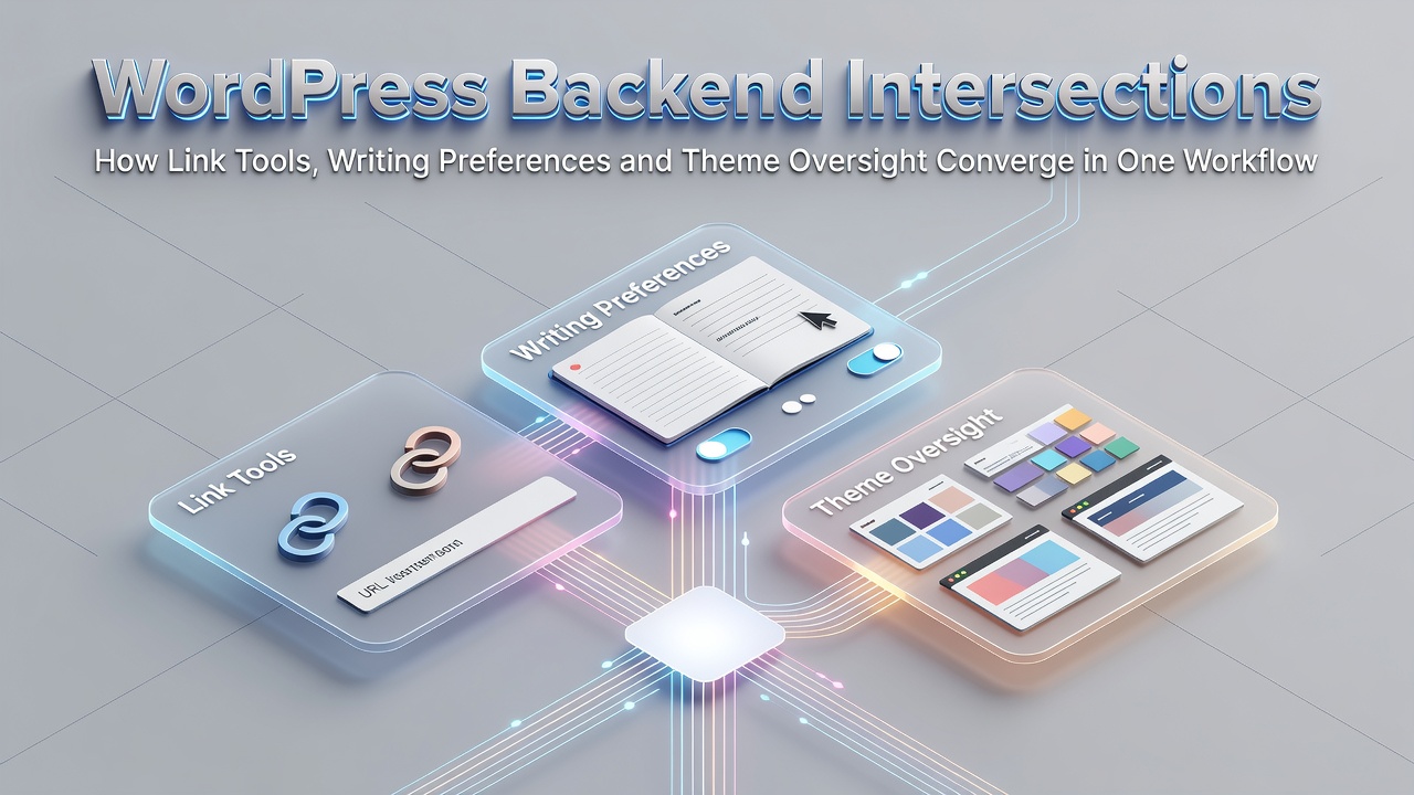 WordPress admin interface displaying link addition tools alongside writing preferences and theme selection panels