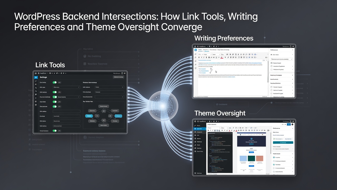Screenshot of interconnected WordPress settings screens for links, writing, and themes in a single workflow view