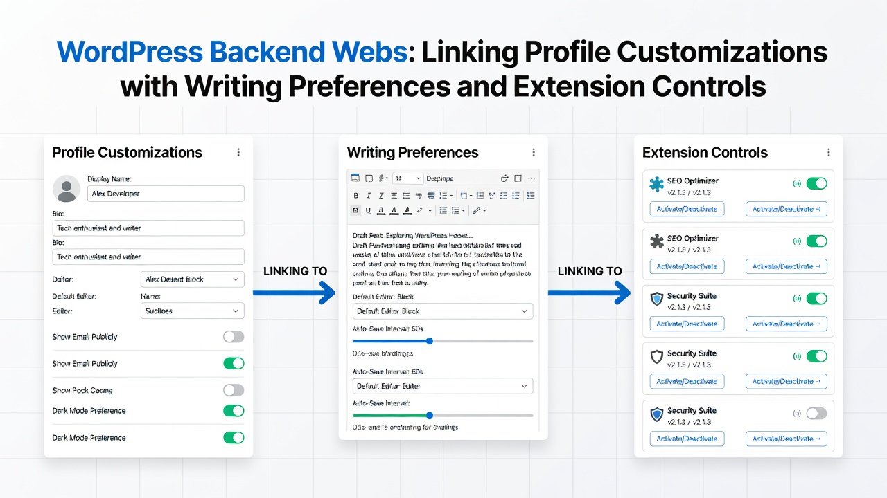 WordPress admin dashboard showing interconnected profile, writing, and plugin sections