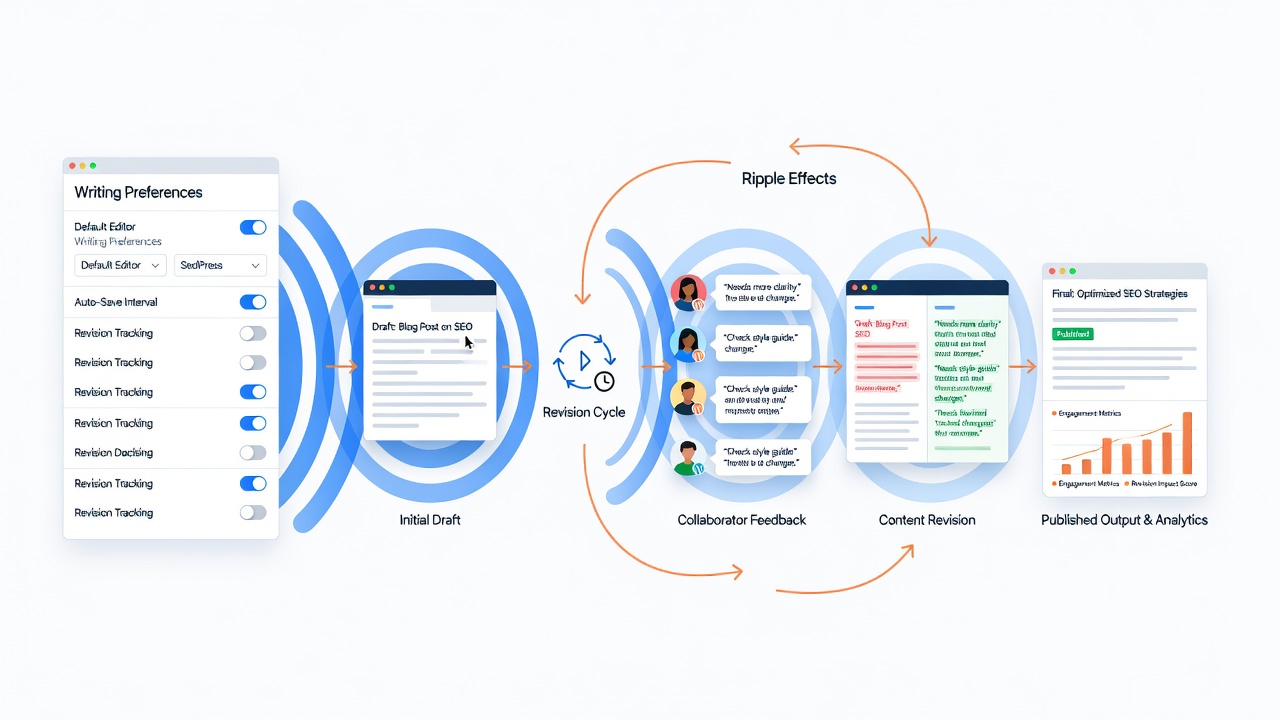 Illustration of content revision timeline in WordPress dashboard with multiple edit versions displayed
